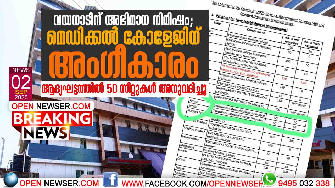 വയനാടിന് അഭിമാന നിമിഷം; മെഡിക്കല് കോളേജിന് അംഗീകാരം; ആദ്യഘട്ടത്തില് 50 സീറ്റുകള് അനുവദിച്ചു