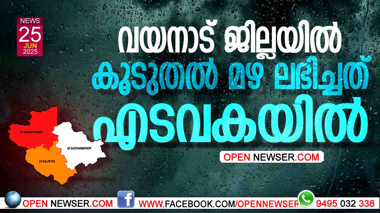 വയനാട് ജില്ലയില് കൂടുതല് മഴ എടവകയില്