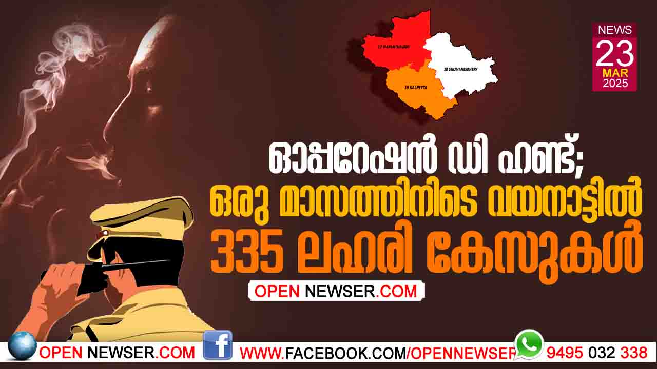 ഓപ്പറേഷന് ഡി ഹണ്ട്: ഒരു മാസത്തിനിടെ വയനാട്ടില് 335 ലഹരി കേസുകള്; ലഹരി കടത്തുമായി ബന്ധപ്പെട്ട 4282 പേരെ പരിശോധിച്ചു.