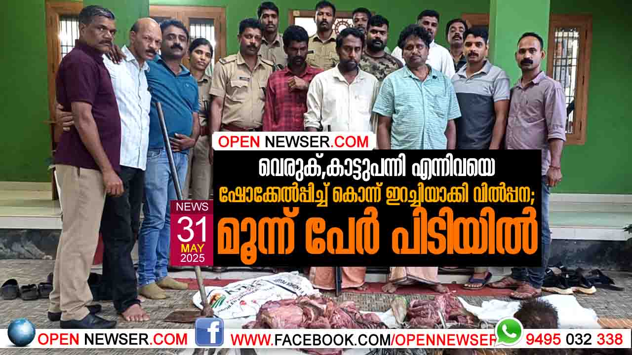 വെരുക്, കാട്ടുപന്നി എന്നിവയെ ഷോക്കേല്പ്പിച്ച് കൊന്ന് ഇറച്ചിയാക്കി വില്പ്പന; മൂന്ന് പേര് പിടിയില്.